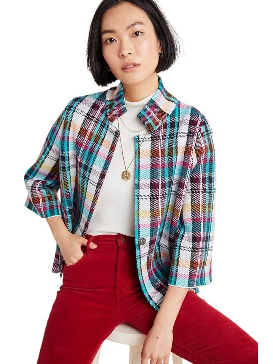 Anthropologie Jackets & Blazers - ANTHROPOLOGIE Rosetta Crop Plaid Knit Jacket Size XL Preppy Career Business